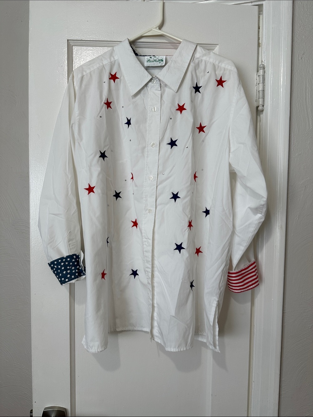 The Quacker Factory White Button-Up Shirt with Red & Navy Stars